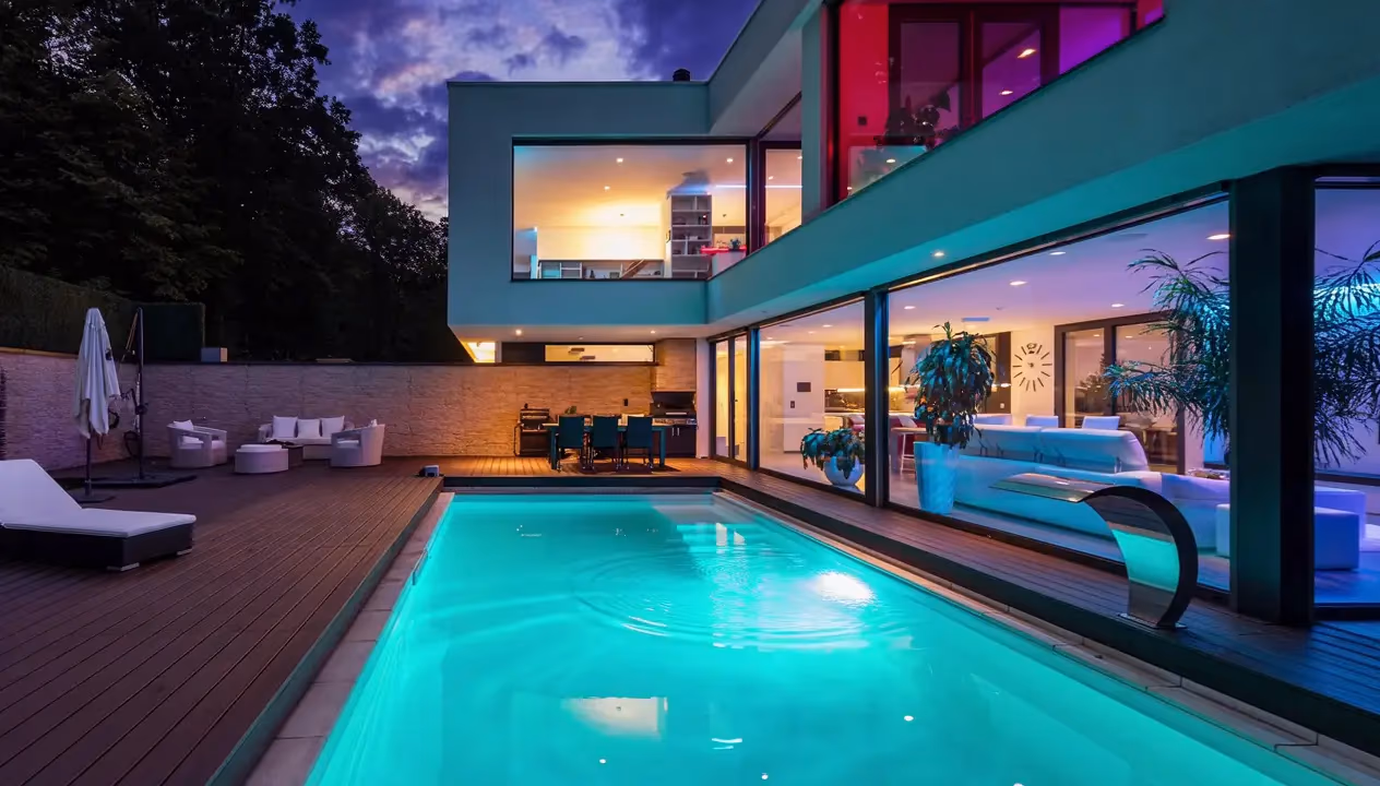 Residência de alto padrão com piscina e iluminação cênica ao entardecer